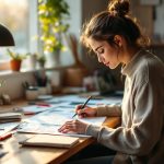 Comment choisir une mutuelle santé adaptée pour un modéliste indépendant dans l’industrie de la mode Un freelancer assis à un bureau moderne, en train de travailler sur des designs, entouré de croquis et d'un ordinateur portable, avec une lumière naturelle douce qui entre par une fenêtre.