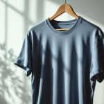 Le t-shirt à message, manifeste portable t-shirt-avec-slogan-accroche-a-un-cintre-en-bois-devant-un-mur-texture-gros-plan-sur-la-texture-du-tissu-et-les-coutures-legere-pliure-au-centre-plante-en-arriere-plan-floutee-lumiere-naturel