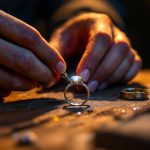 Dans les coulisses d’un atelier d’artisan joaillier : du diamant brut à la bague de fiançailles Un bijoutier façonne une bague de fiançailles en diamant sur un établi en bois, gros plan sur ses mains et l'anneau scintillant, lumière chaude de coucher de soleil, ombres bleutées, poussières en suspension et texture du bois visible.