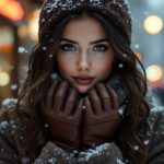 Gants et mitaines femme : comment allier chaleur et style en hiver Femme debout dans une rue de ville enneigée, portant des gants en cuir et un manteau en laine, souffle visible dans l'air, lumière volumétrique douce, tons bruns chauds et gris atténués, lumières urbaines floues en arrière-plan.