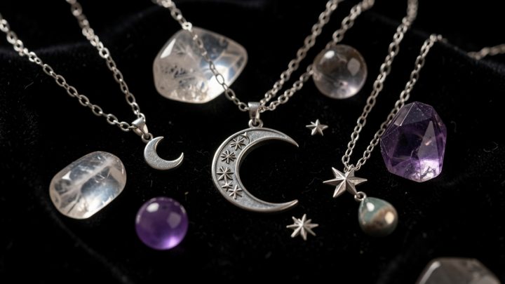 Composition élégante de bijoux ésotériques argentés avec lune, étoiles et pierres naturelles sur un velours noir.
