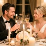 Un homme et une femme élégants célèbrent leur anniversaire de mariage autour d’un dîner raffiné, dans une ambiance chaleureuse et chic.