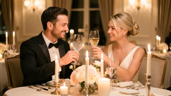 Un homme et une femme élégants célèbrent leur anniversaire de mariage autour d’un dîner raffiné, dans une ambiance chaleureuse et chic.