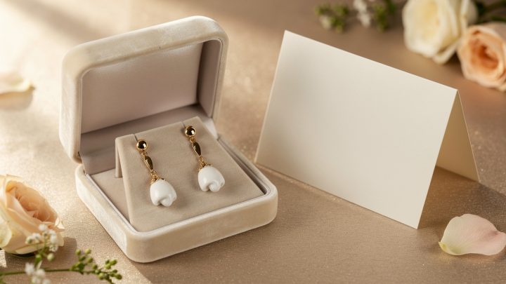 Écrin ouvert présentant des boucles d’oreilles artisanales en porcelaine blanche et or, posé près d’une carte élégante sur une table raffinée, dans une lumière douce.