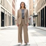 Les 8 détails d’une silhouette élégante au quotidien Femme élégante en tenue urbaine sobre, photographiée en pied dans une rue contemporaine baignée de lumière.