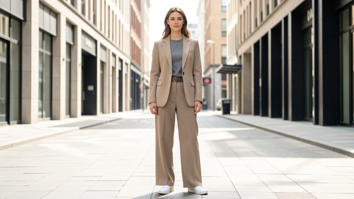 Femme élégante en tenue urbaine sobre, photographiée en pied dans une rue contemporaine baignée de lumière.