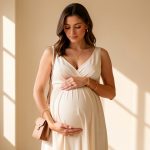7 bijoux de maternité et accessoires pour une grossesse stylée Femme enceinte élégante portant une robe ivoire, des bijoux dorés délicats et des accessoires de mode dans un studio baigné de lumière.