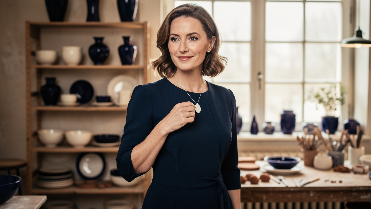 Femme élégante en robe bleu nuit portant un délicat pendentif en porcelaine blanche dans un atelier de céramique français lumineux et raffiné.