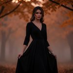 Style witchy : l’adopter au quotidien sans effet déguisement Femme élégante portant une robe noire fluide et des bijoux argentés dans une forêt aux couleurs automnales, enveloppée d’une atmosphère mystique.