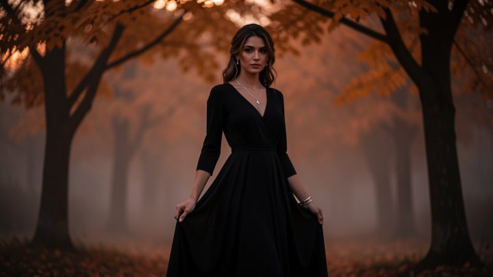 Femme élégante portant une robe noire fluide et des bijoux argentés dans une forêt aux couleurs automnales, enveloppée d’une atmosphère mystique.