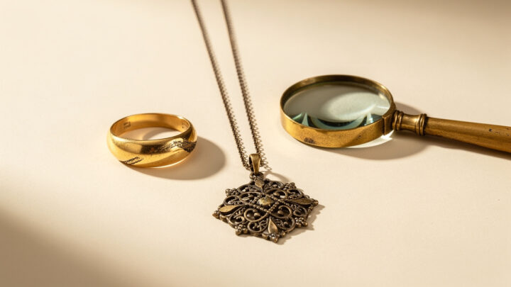 Composition élégante de bijoux de seconde main sur un fond crème, avec une bague en or, un pendentif ancien et une loupe éclairés par une lumière naturelle douce.