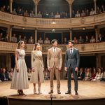 Comment le festival de mode de Dinan révèle-t-il créateurs et savoir-faire ? Défilé de jeunes créatrices et créateurs présentant des silhouettes contemporaines sur la scène d’un théâtre historique de Dinan, sous une lumière douce, devant un public attentif.