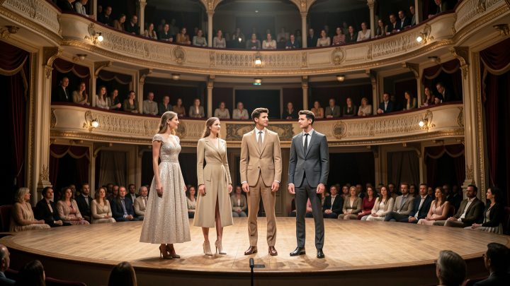 Défilé de jeunes créatrices et créateurs présentant des silhouettes contemporaines sur la scène d’un théâtre historique de Dinan, sous une lumière douce, devant un public attentif.