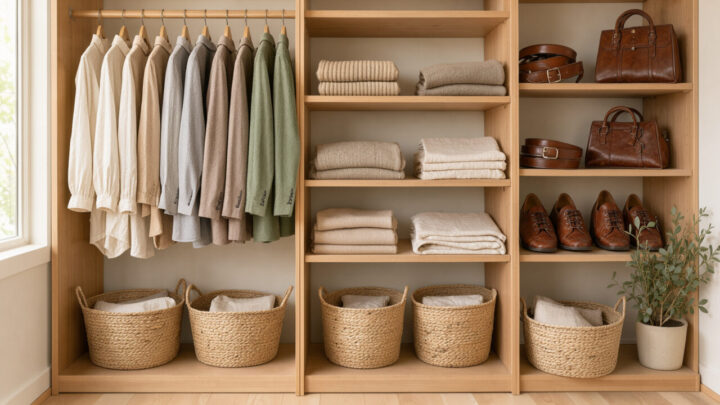 Dressing lumineux et minimaliste présentant des vêtements intemporels soigneusement rangés, des accessoires vintage et une ambiance de mode responsable.