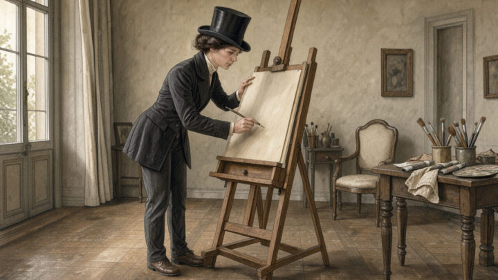 Femme artiste du XIXe siècle, vêtue d’une veste sombre, d’un pantalon et d’un chapeau haut-de-forme, dessinant dans un élégant atelier parisien baigné d’une lumière douce.