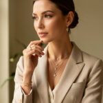 Bijou symbolique : le choisir selon son style et l’occasion Femme élégante portant plusieurs bijoux symboliques délicats dans une lumière naturelle douce, photographiée dans un style mode éditorial.