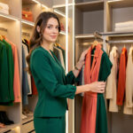Style personnel : 7 repères pour affirmer sa personnalité Femme élégante devant une garde-robe lumineuse, entourée de vêtements colorés et d’accessoires raffinés dans un style éditorial de mode.