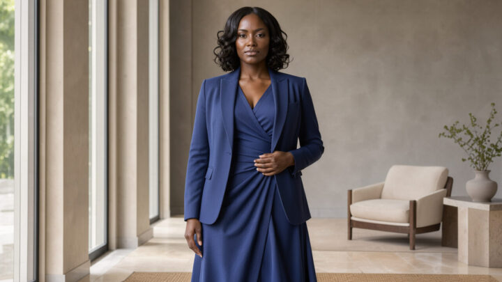 Femme ronde élégante portant une robe portefeuille bleu profond et un blazer fluide dans une lumière naturelle, photographiée dans un style éditorial contemporain.