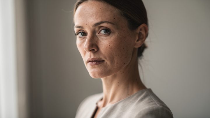 Portrait éditorial en trois quarts d’une femme adulte au visage expressif, éclairée par une lumière naturelle douce, dans une ambiance mode sobre et élégante.