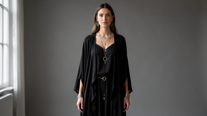 Femme portant une tenue noire bohème avec de délicats bijoux argentés inspirés des astres et des accessoires mystiques discrets, éclairée par une lumière éditoriale douce.